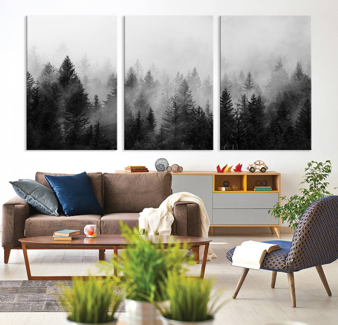 Fogy Forest Canvas Art features misty pines and a mountain landscape.