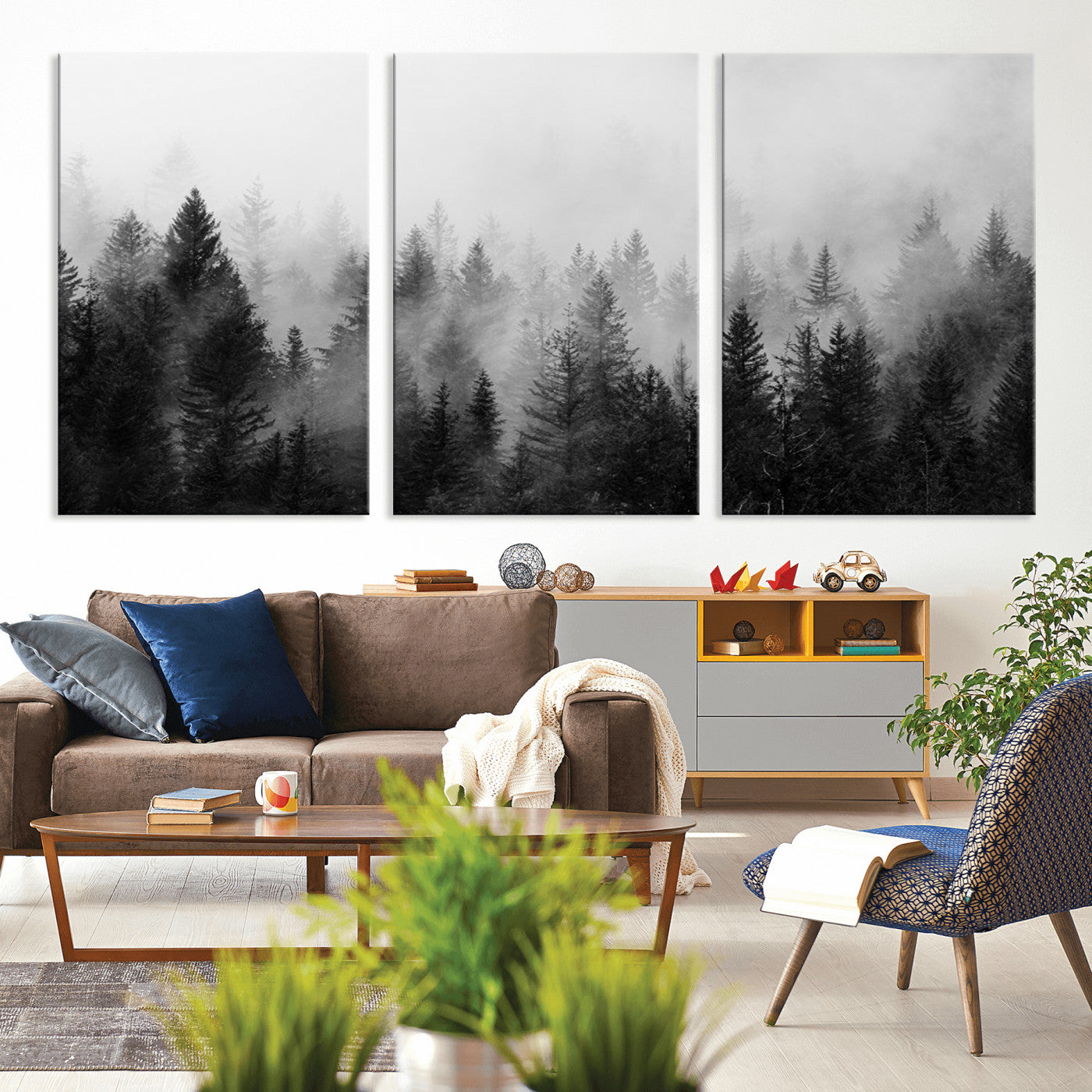 MGV-CV-60X30-3P - Foggy Black and White Forest Wall Art, 3 Panel Misty Pine Trees Canvas Print for Living Room, Office, or Bedroom, Nature-Inspired Woodland Wall Decor