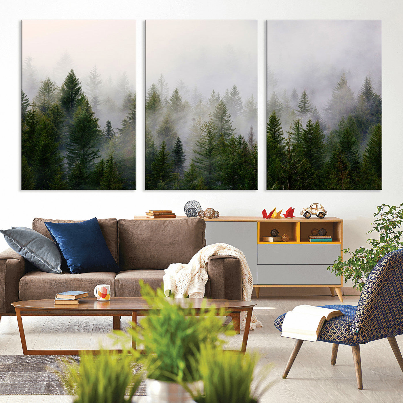 MGV-CV-60X30-3P - Misty Pine Forest Wall Art Canvas Print | 3 Panel Green Woodland Canvas Print for Living Room, Office, or Dining Room | Nature Foggy Forest Decor