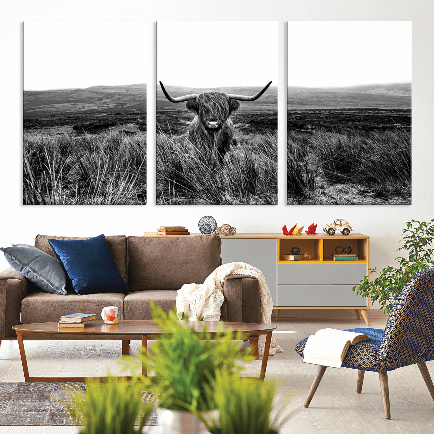 MGV-CV-60X30-3P - Black and White Highland Cow Canvas Wall Art, Longhorn Triptych Western Wall Decor for Cabin -