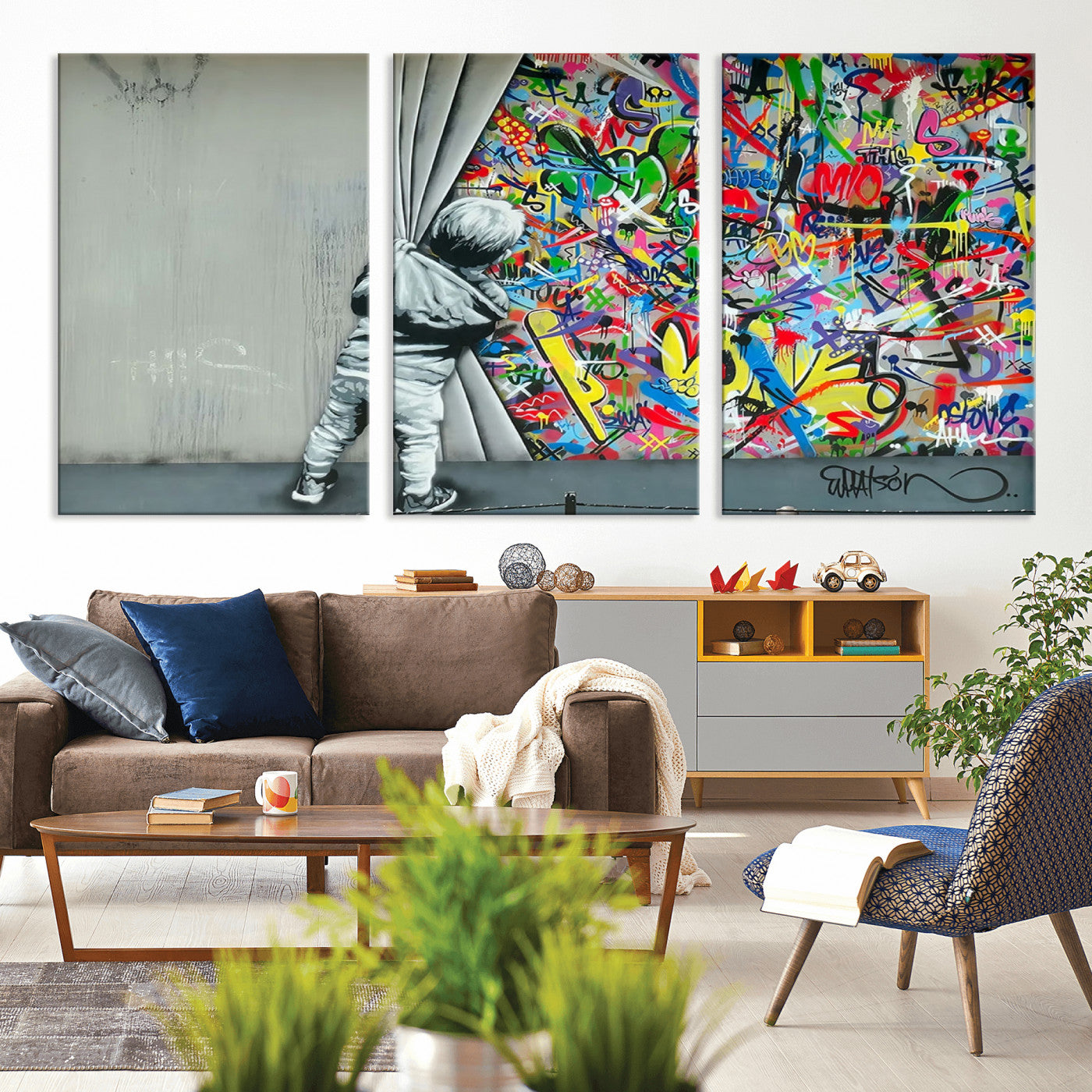 MGV-CV-60X30-3P - Banksy Colorful Street Graffiti Canvas Wall Art Print, Modern Art Triptych, Child and Graffiti Wall, Urban Art for Home or Office Decor