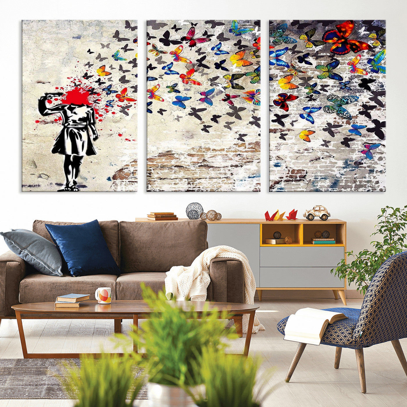 MGV-CV-60X30-3P - Banksy Art Butterfly Girl Explosion Canvas Art – Vibrant Urban Graffiti for Modern Interiors - Ready to Hang