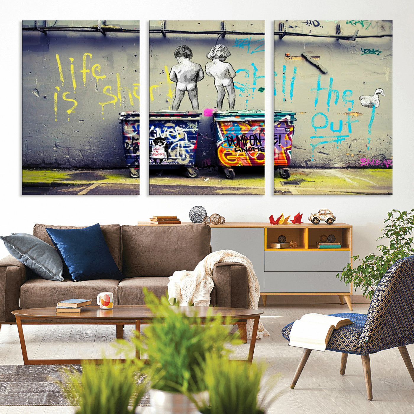 MGV-CV-60X30-3P - Banksy Life is Short Wall Art - Iconic Graffiti Art on Framed Ready-to-Hang Canvas - Street Art Inspired Decor