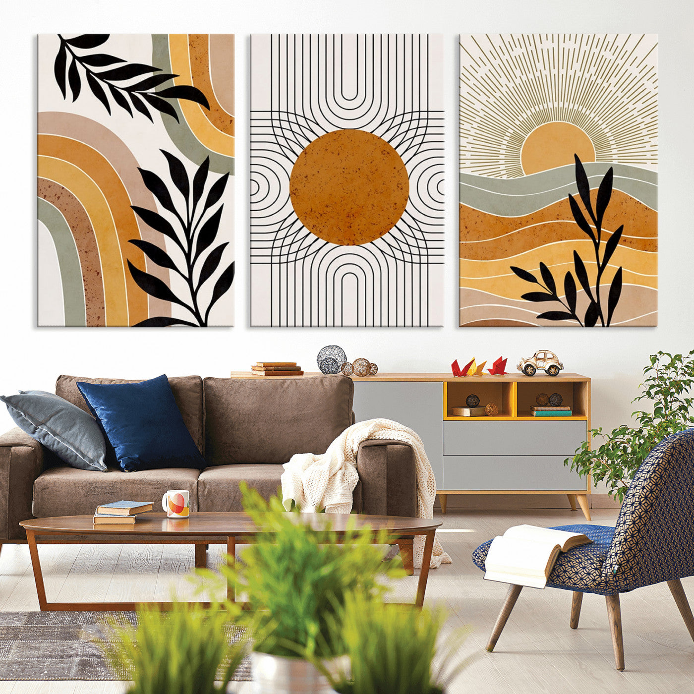 MGV-CV-60X30-3P - Modern Boho Sun and Leaf Abstract Art – 3-Panel Giclée Canvas for Mid-Century Modern or Bohemian Wall Decor