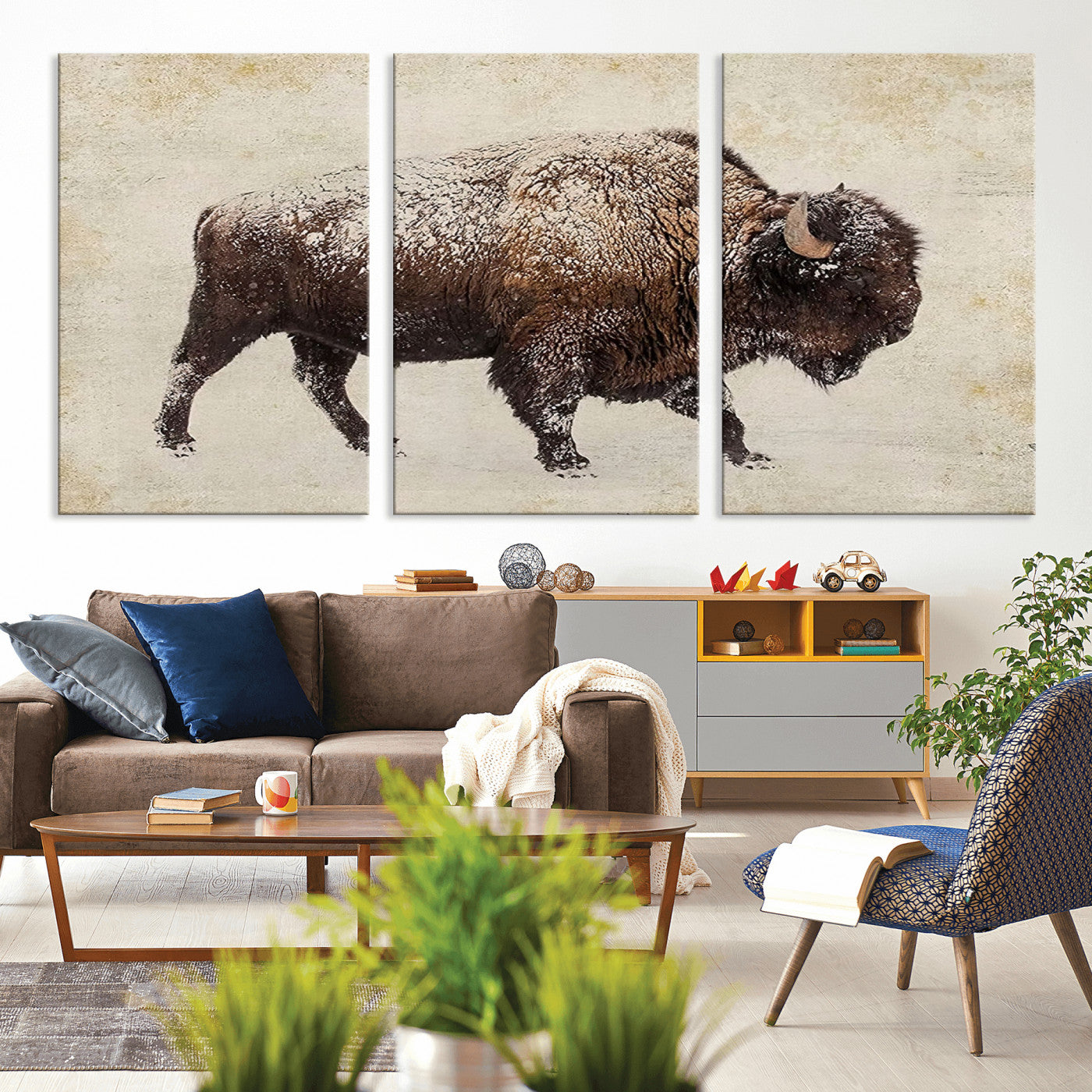 MGV-CV-60X30-3P - Buffalo Wall Art, Western Bison Canvas Print, Rustic Buffalo Art for Cowboy Western Decor, Large Multi-Panel Giclee Canvas for Farmhouse Wall Decor