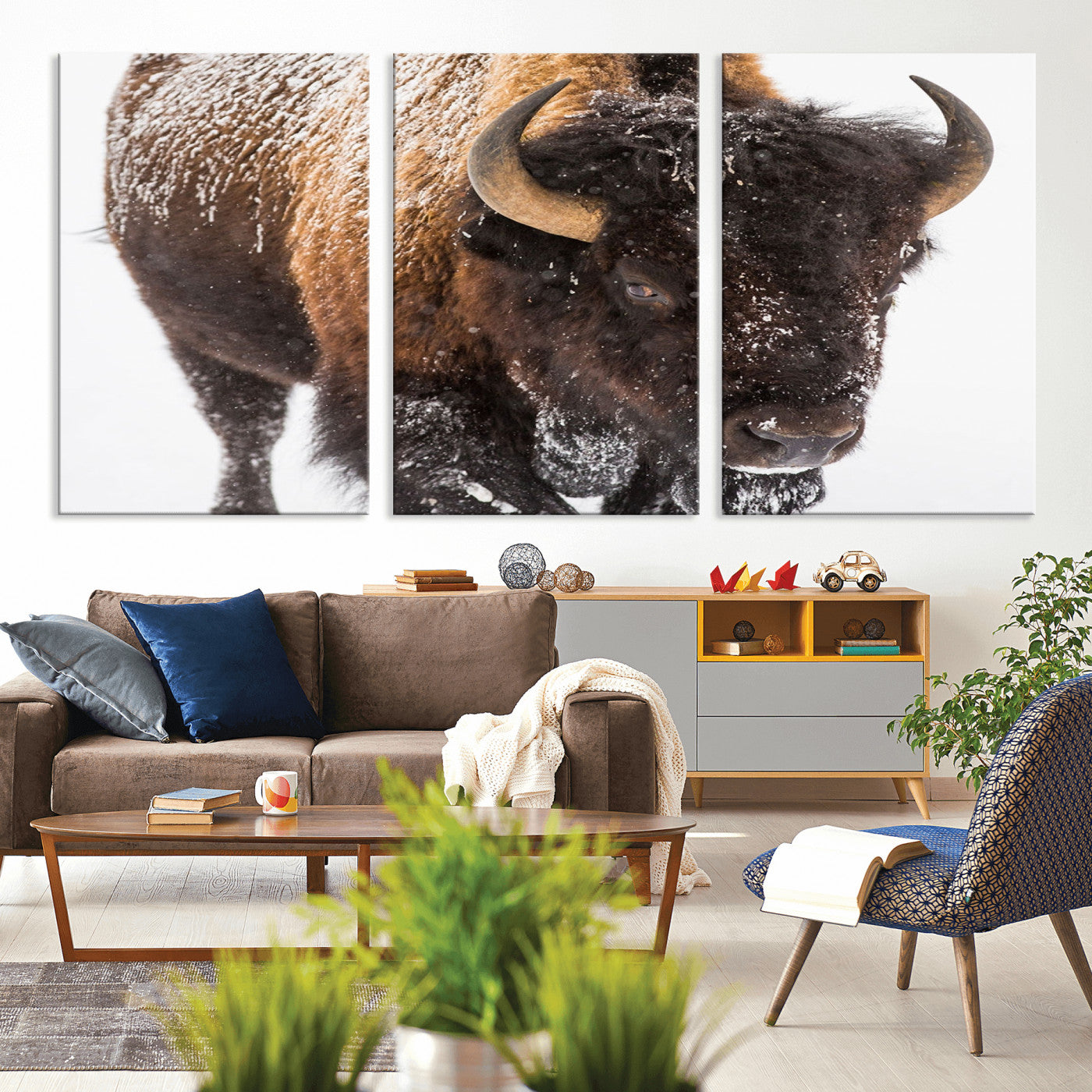 MGV-CV-60X30-3P - Bison Wall Art Canvas Print For Farmhouse, Wild Animal Wall Art