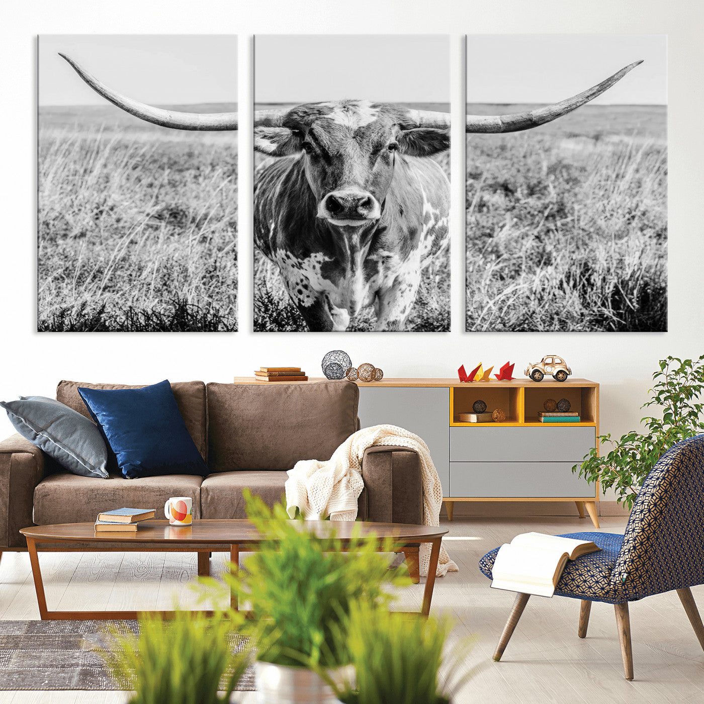 MGV-CV-60X30-3P - Texas Cow Longhorn Wall Art Canvas Print for Farm House Wall Decor, Farmhouse Wall Art Print