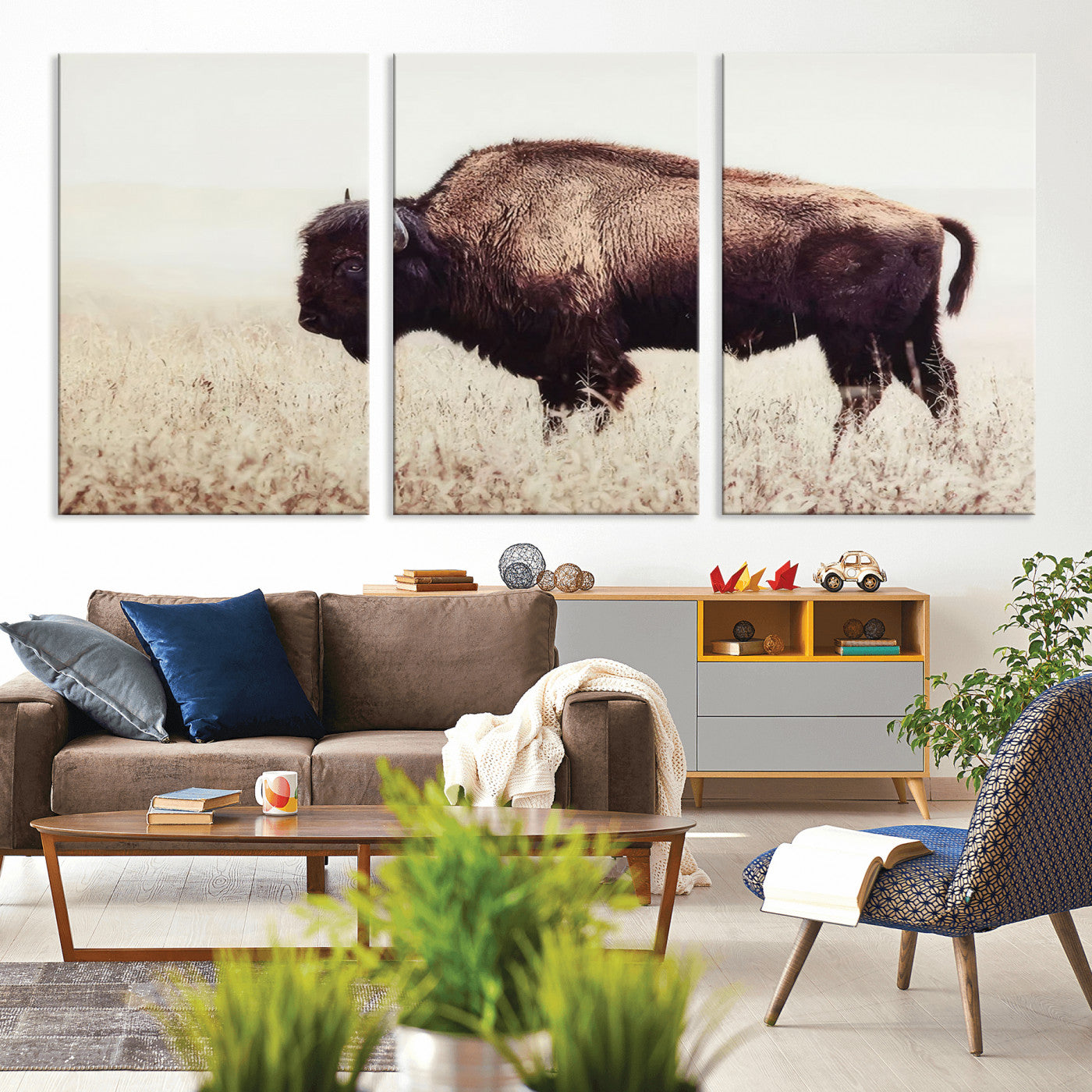 MGV-CV-60X30-3P - Bison in Field Wall Art Canvas Print For Farmhouse Barn Decor