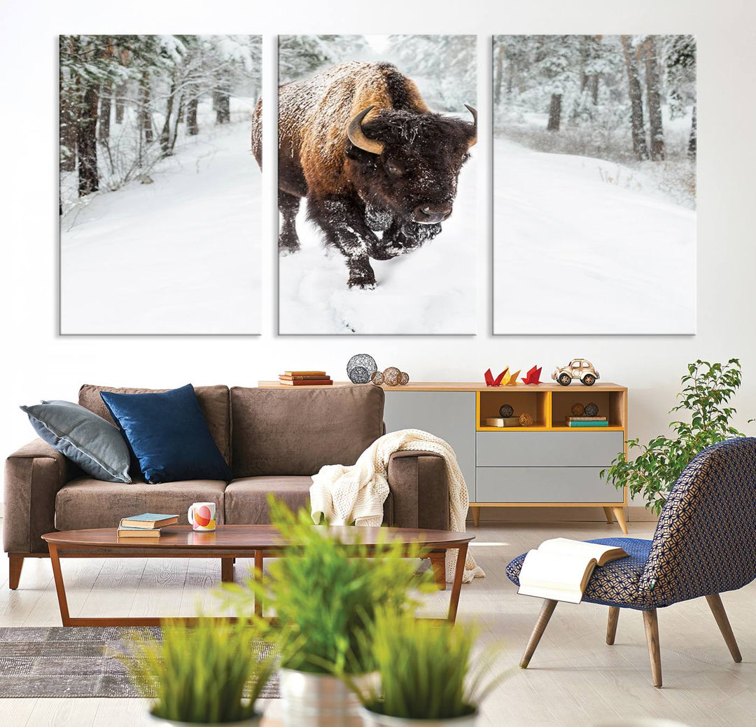 The dining area showcases the Bison Wall Art Canvas Print for Farmhouse.