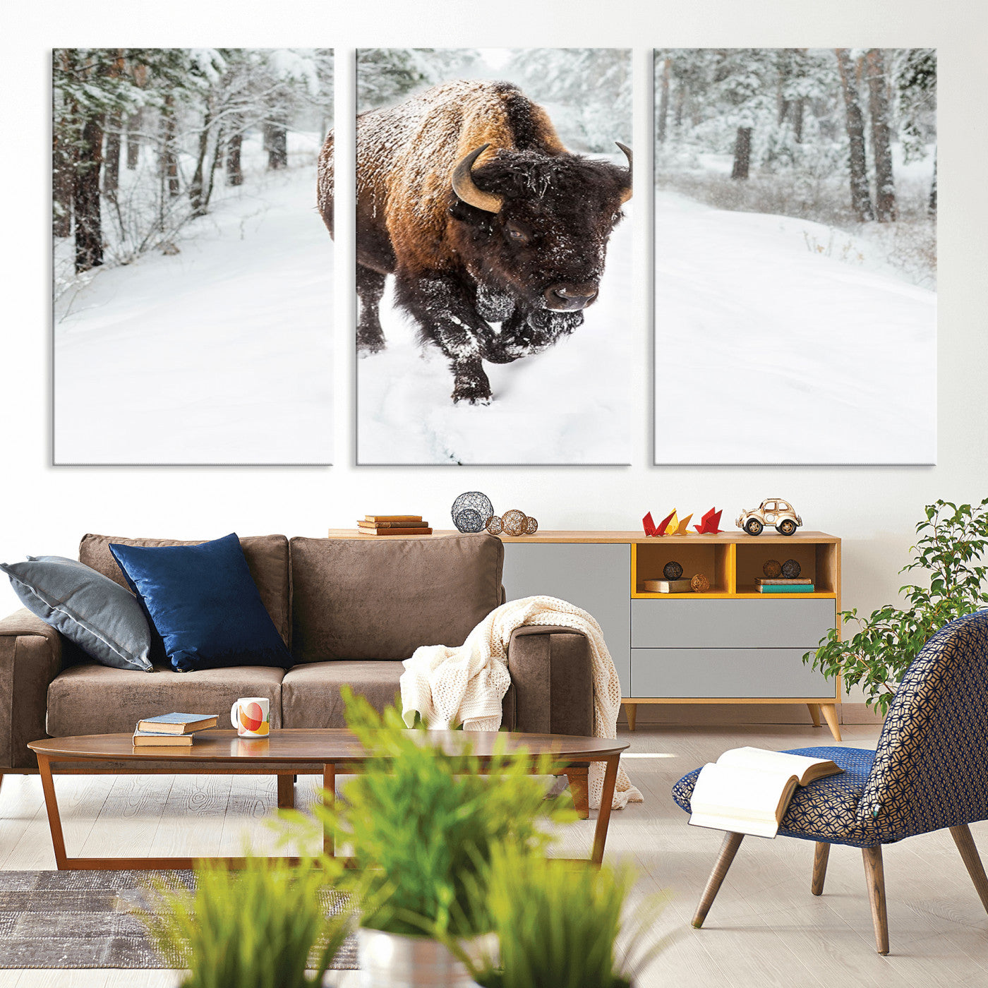 MGV-CV-60X30-3P - Bison Wall Art Canvas Print For Farmhouse, Animal Canvas Print, Wild Animal Wall Art