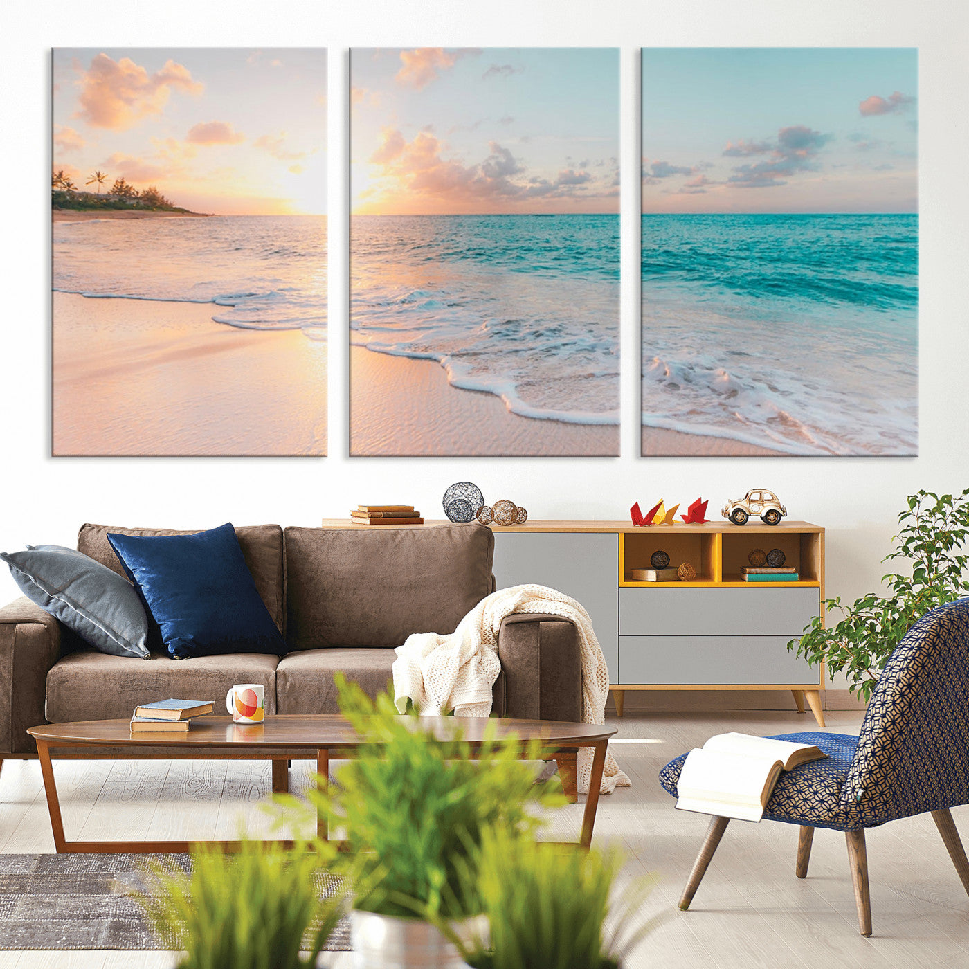 MGV-CV-60X30-3P - Beach Sunrise Wall Art, Coastal Seascape Canvas Print, Ocean Wave Multi-Panel Giclee, Coastal Sunset Beach Scene for Modern Decor