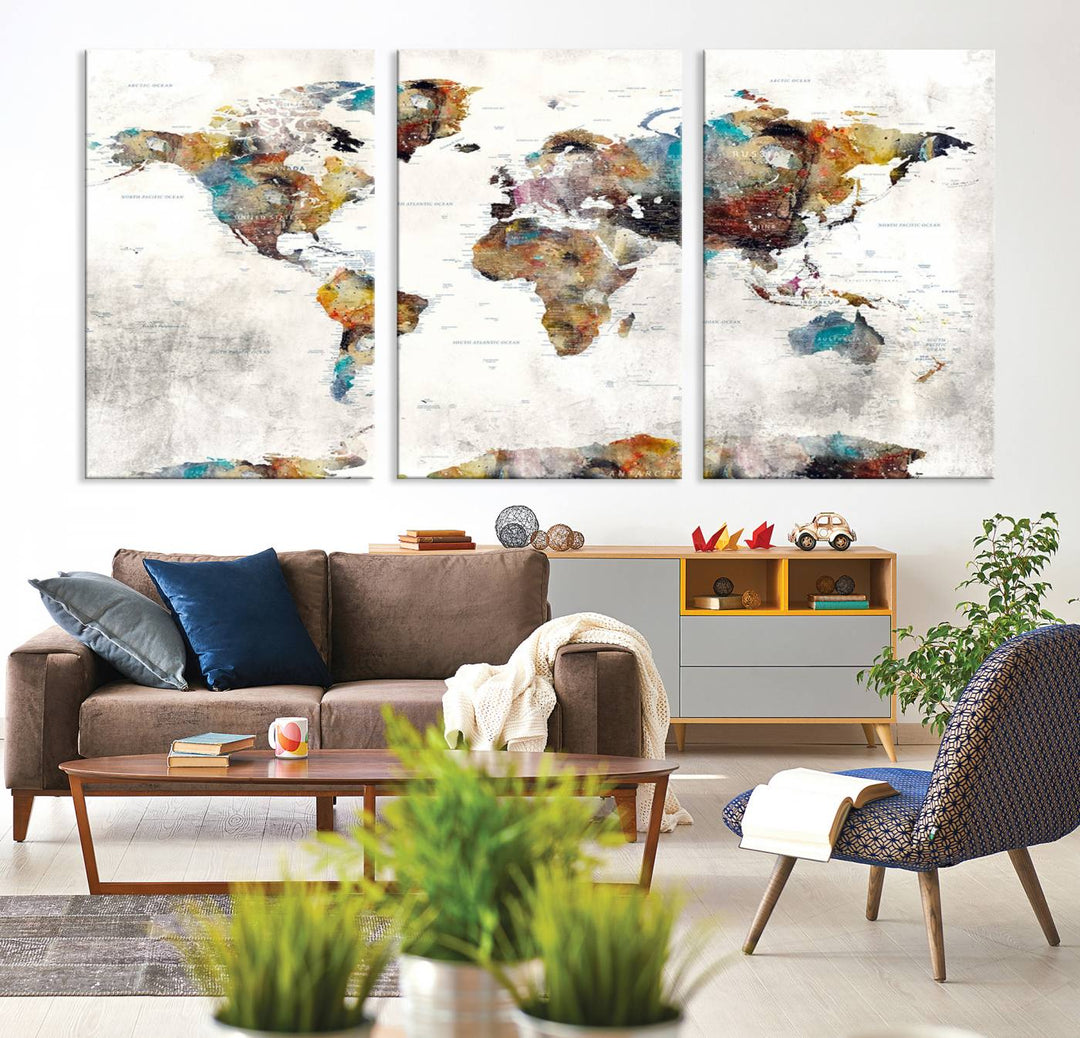 The Colorful World Map Wall Art Canvas Print adds vibrance to the space, ideal for geography lovers.