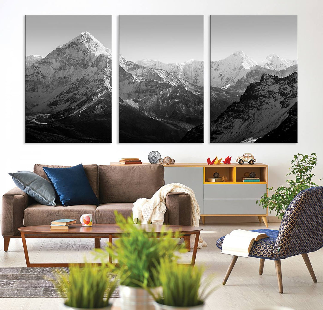 An Everest Himalaya Mountain Peaks Triptych Canvas Art is displayed on the wall.