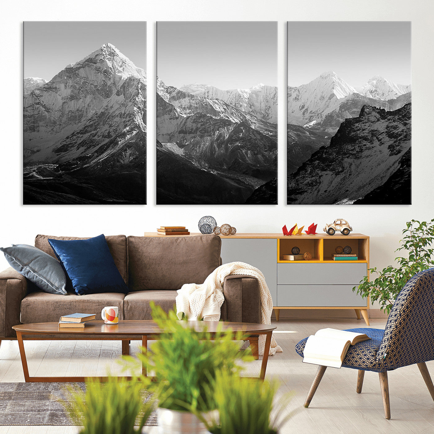 MGV-CV-60X30-3P - Everest Himalaya Mountain Peaks Black & White Triptych Canvas Art – Mountain Wall Decor for Minimalist Interiors