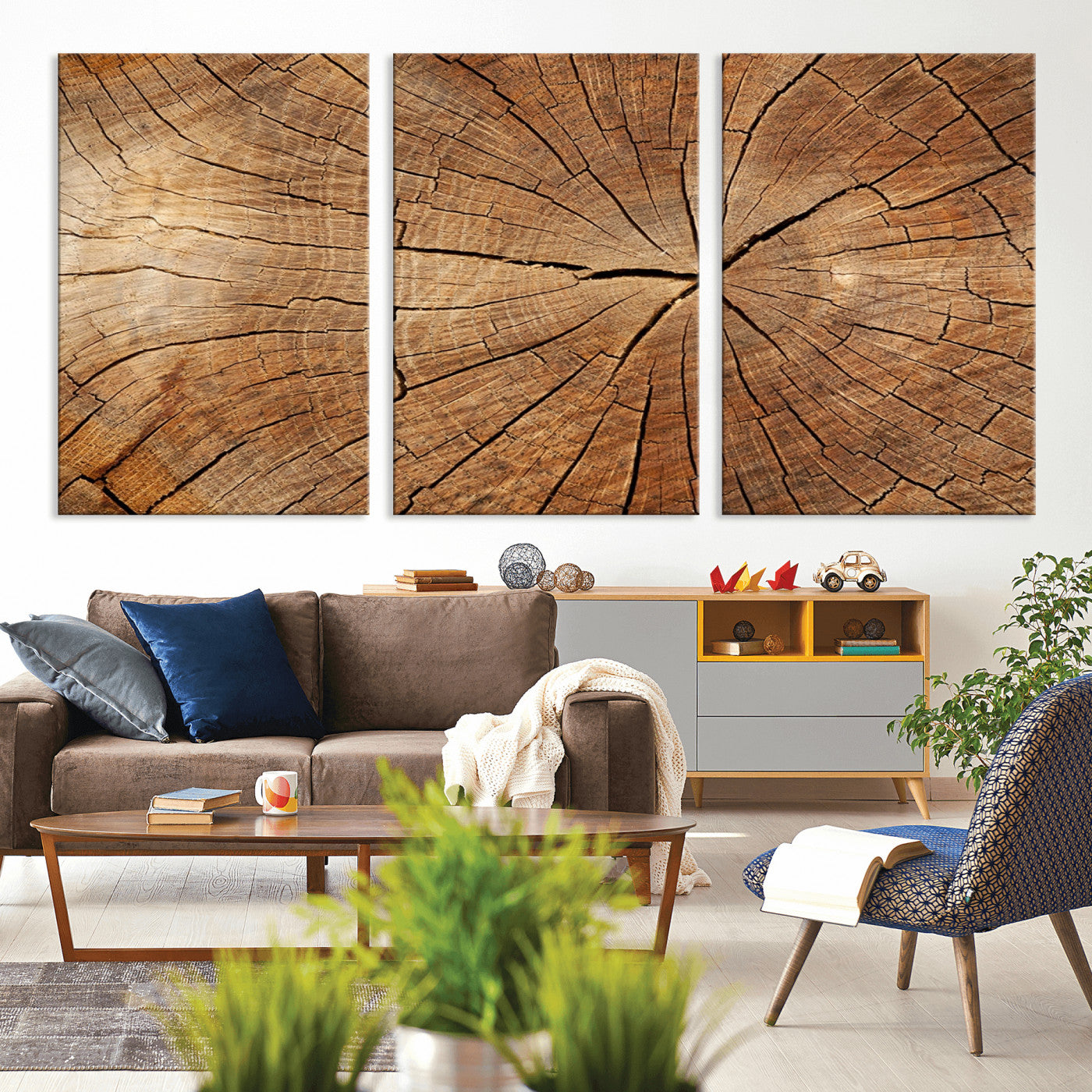 MGV-CV-60X30-3P - Tree Ring Canvas Art, Rustic Wood Grain Wall Art, Tree Slice Decor for Modern Homes, Giclee Multi-Panel Print, Tree Ring Wall Art Set