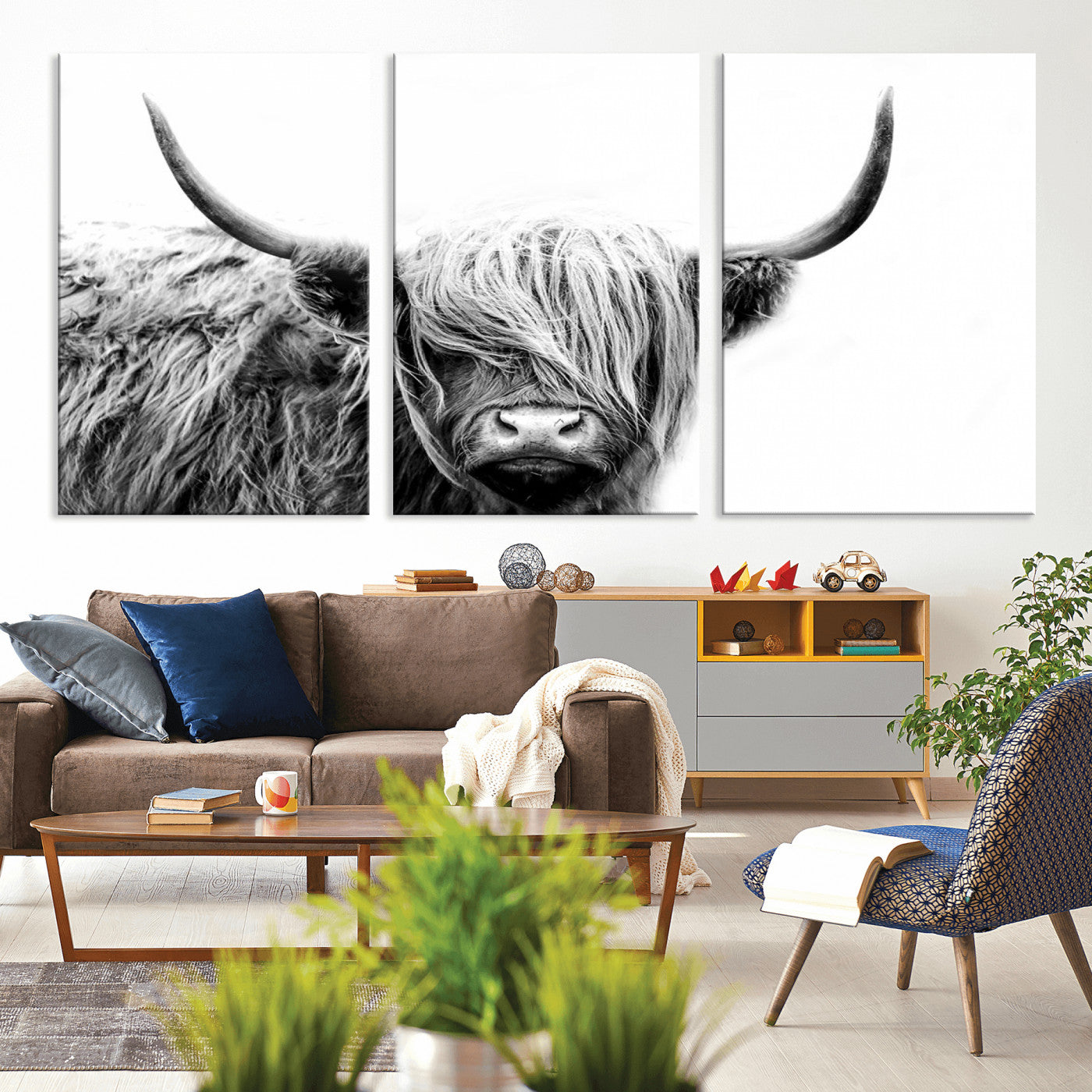 MGV-CV-60X30-3P - Black White Scottish Highland Cow Cattle Art Print Farmhouse Wall Art Canvas Print