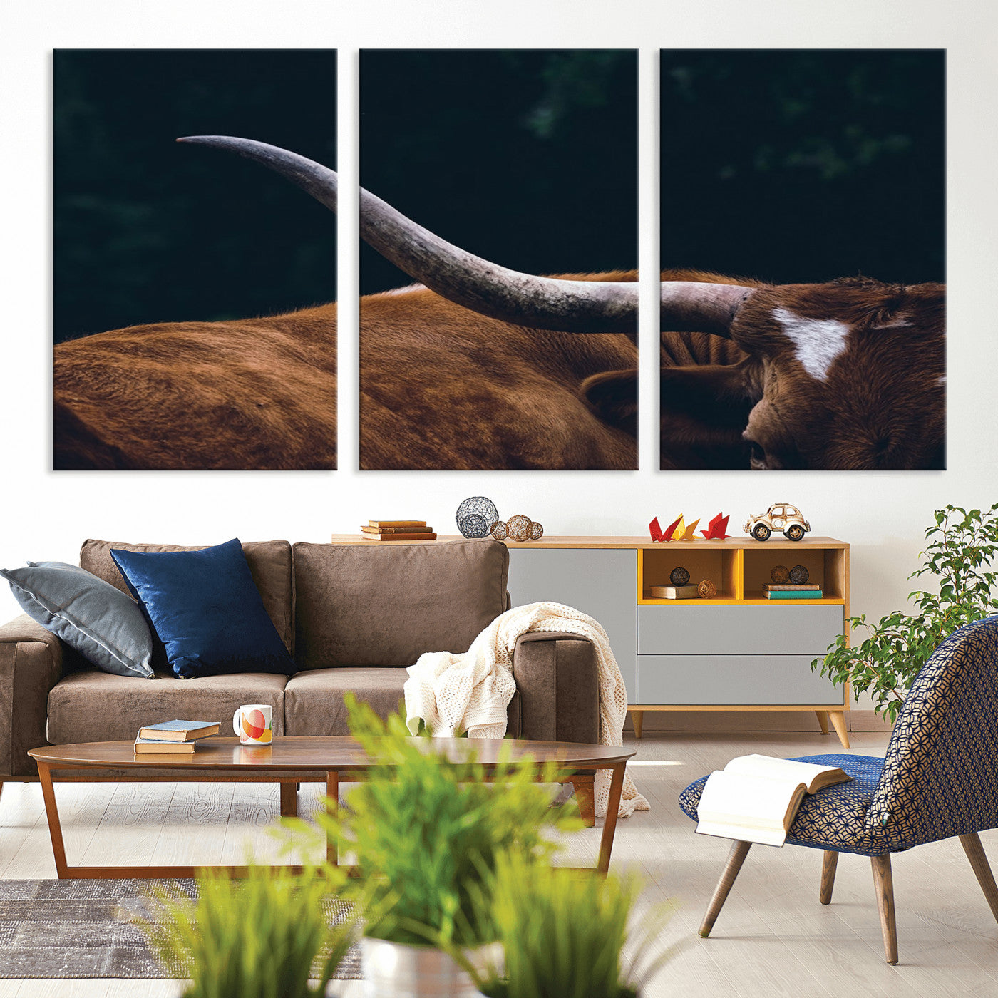MGV-CV-60X30-3P - Texas Longhorn Bull Wall Art Canvas Print - Large Framed Canvas Wall Art, Animal Print for Rustic Home or Office Décor, Farmhouse Cabin Wall Decor