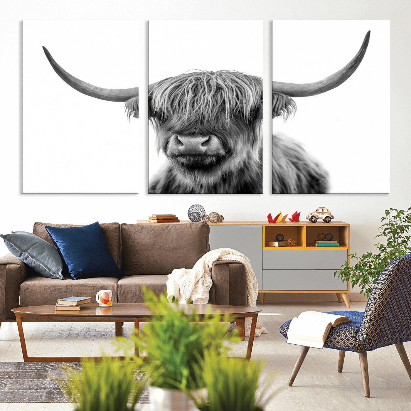 MGV-CV-60X30-3P - Grayscale Scottish Highland Cow Cattle Art Print Farmhouse Wall Art Canvas Print