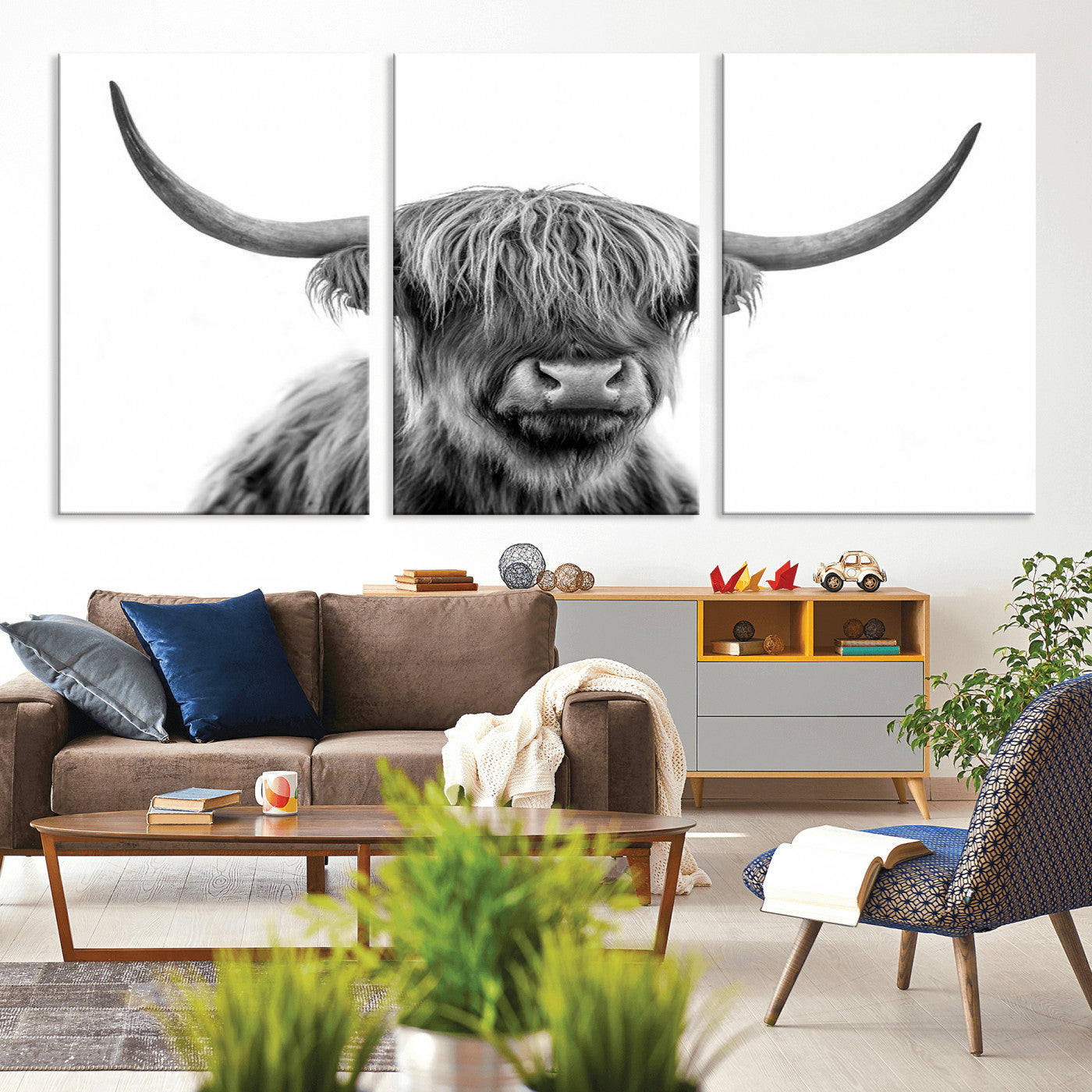 MGV-CV-60X30-3P - Scottish Highland Cow Cattle Art Print Wall Art Canvas Print for Farmhouse Decor, Framed Scottish