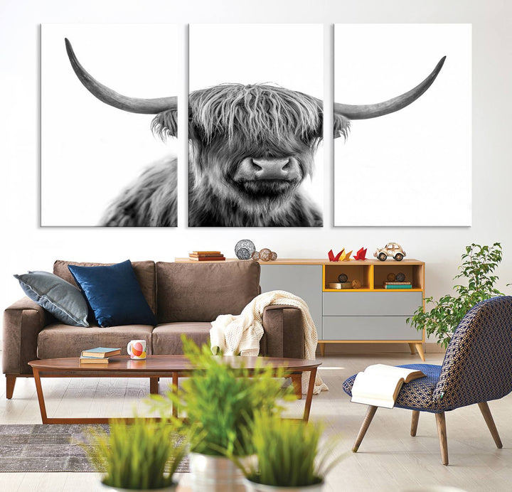 A Scottish Highland Cow Art Canvas adds charm to the farmhouse decor.