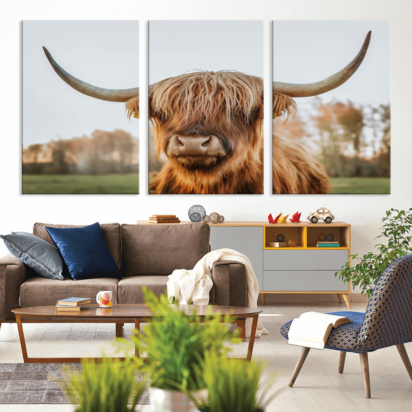 MGV-CV-60X30-3P - Highland Cow Animal Scottish Cattle Art Print Farmhouse Wall Art Canvas Print
