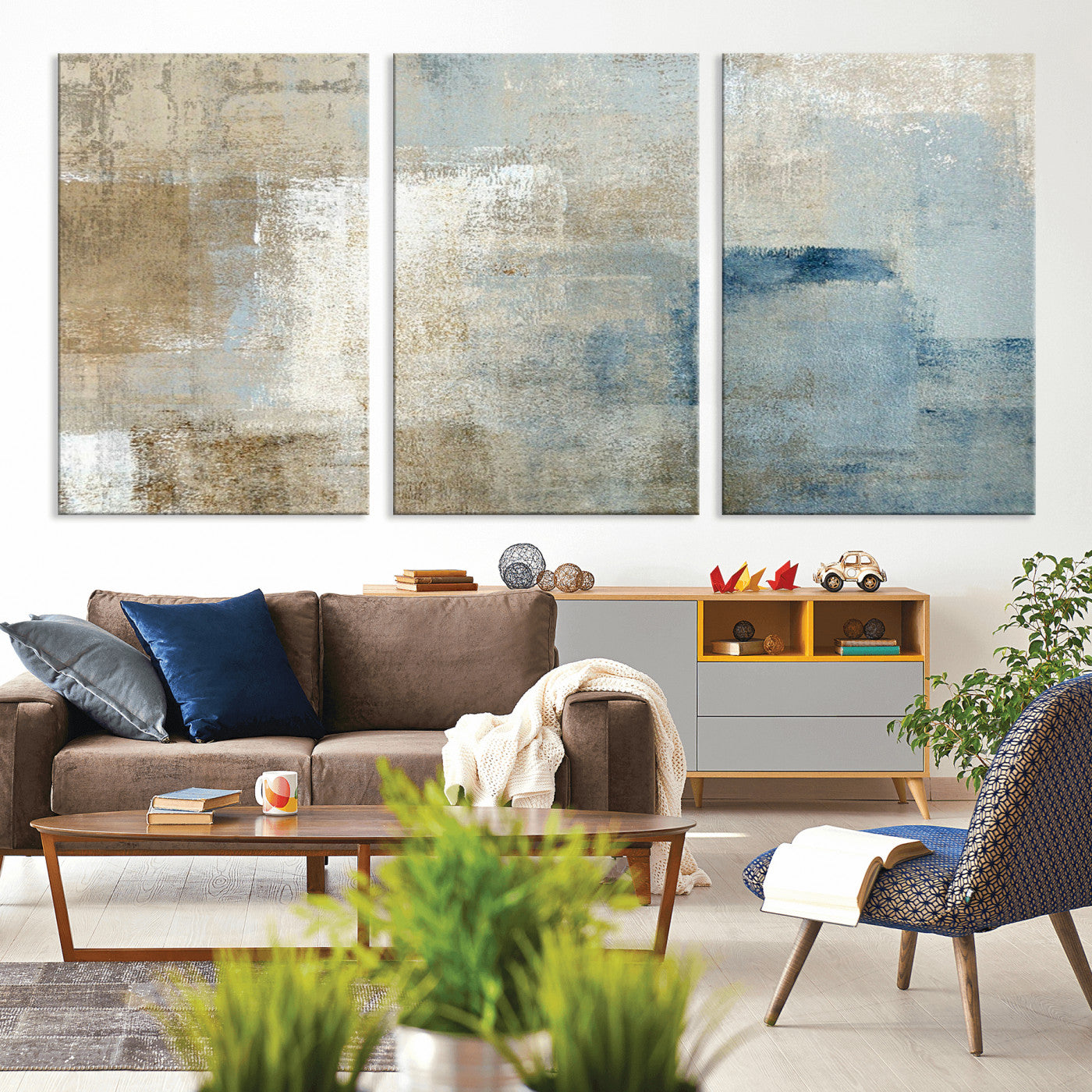 MGV-CV-60X30-3P - Abstract Blue and Beige Wall Art, Modern Minimalist Canvas Print Set, Giclee Textured Art, Large Multi-Panel Artwork for Living Room