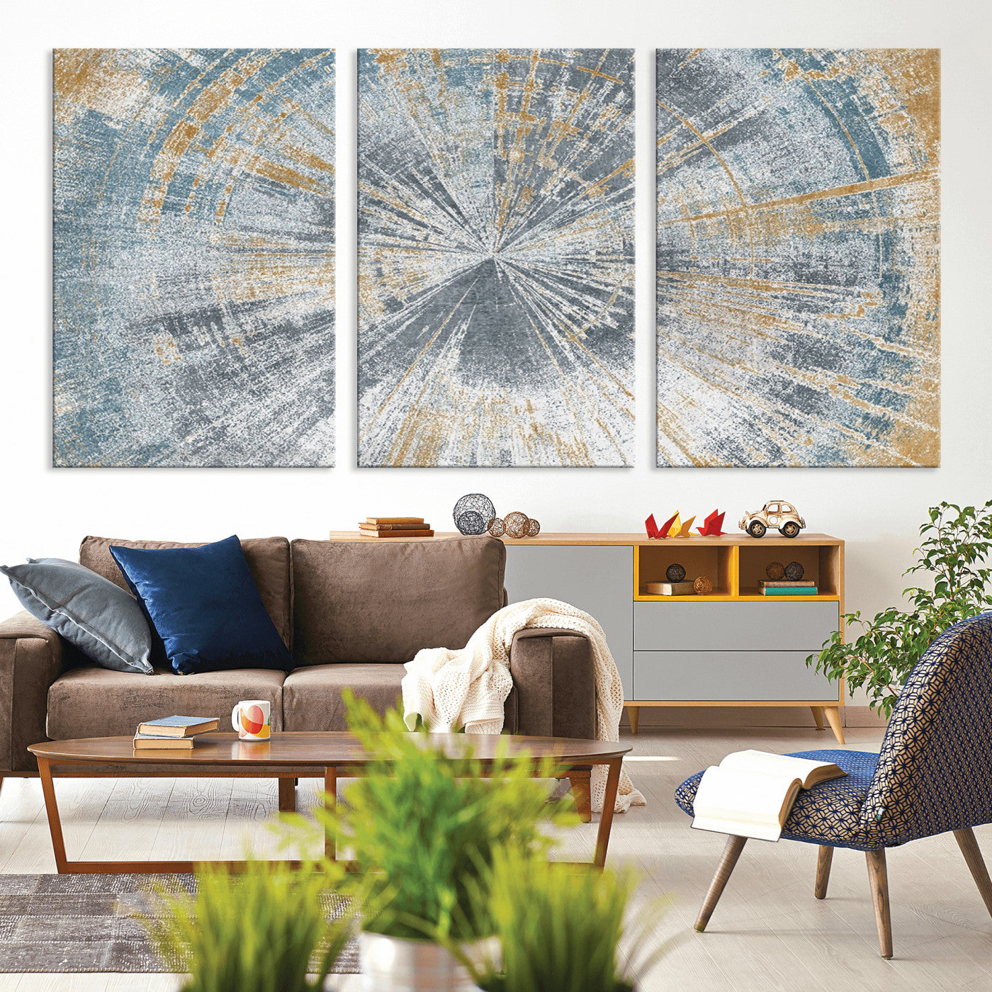 MGV-CV-60X30-3P - Radiant Abstract Wood Rings Canvas Art – Modern Triptych Wall Decor for Living Room or Farmhouse Decor