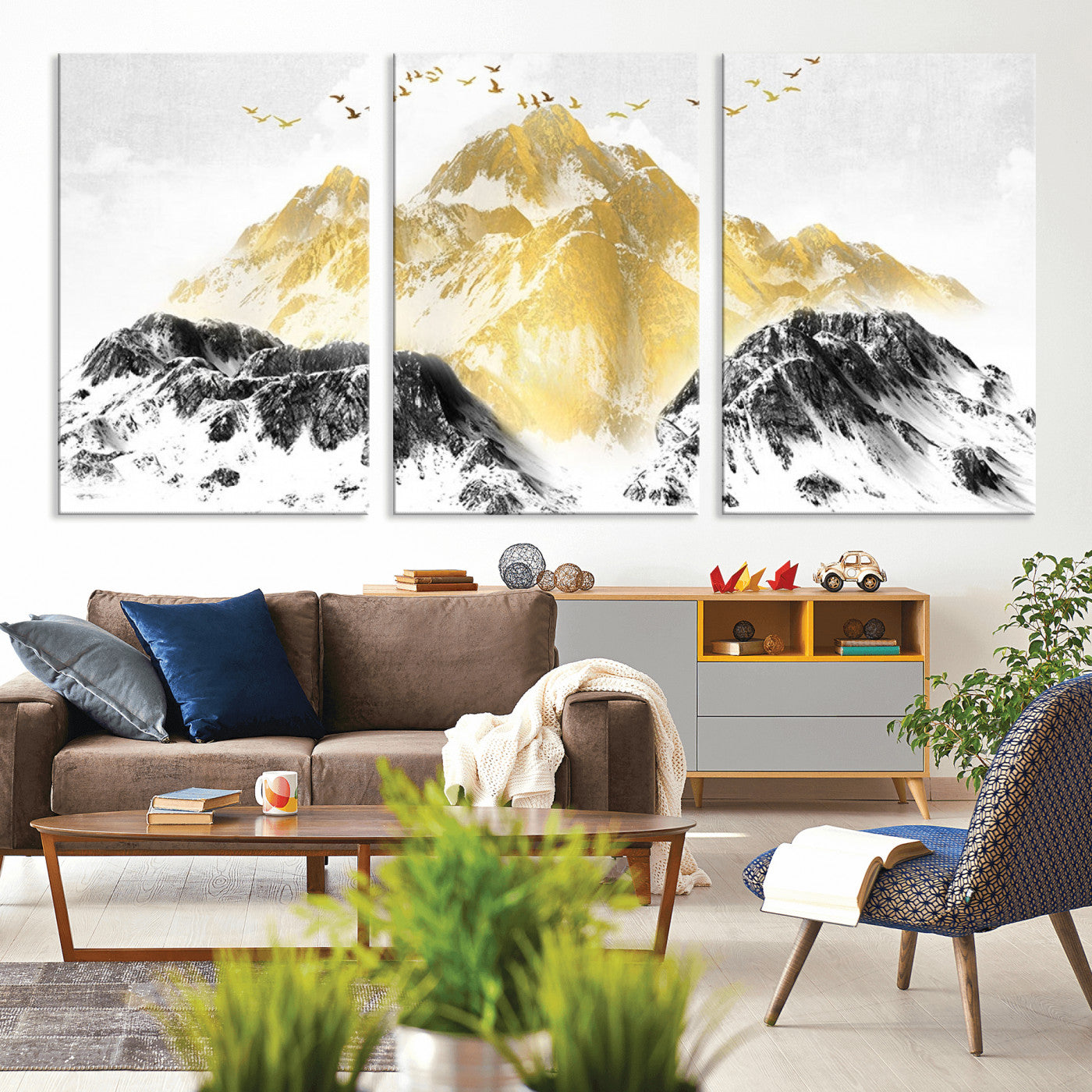 MGV-CV-60X30-3P - Golden Mountain Triptych Wall Art, Modern Giclee Canvas Print, Nature Landscape Decor for Living Room, Contemporary Gold and Black Wall Art