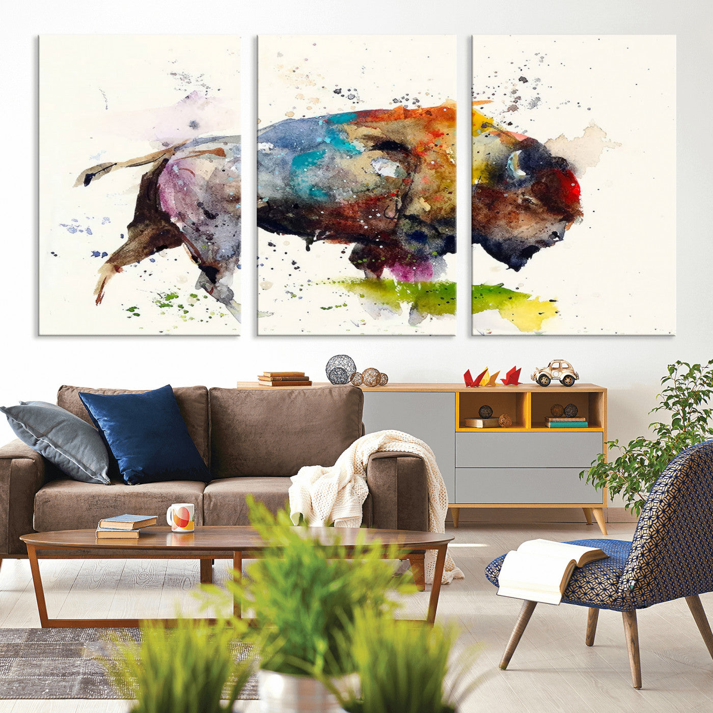 MGV-CV-60X30-3P - Abstract Buffalo Wall Art, Western Watercolor Bison Canvas Print, Rustic Buffalo Art for Cowboy and Western Decor, Large Multi-Panel Giclee Canvas