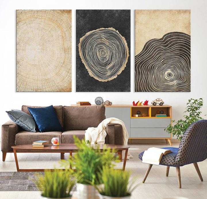 Tree Rings Canvas Wall Art Print hangs prominently in a modern kitchen.