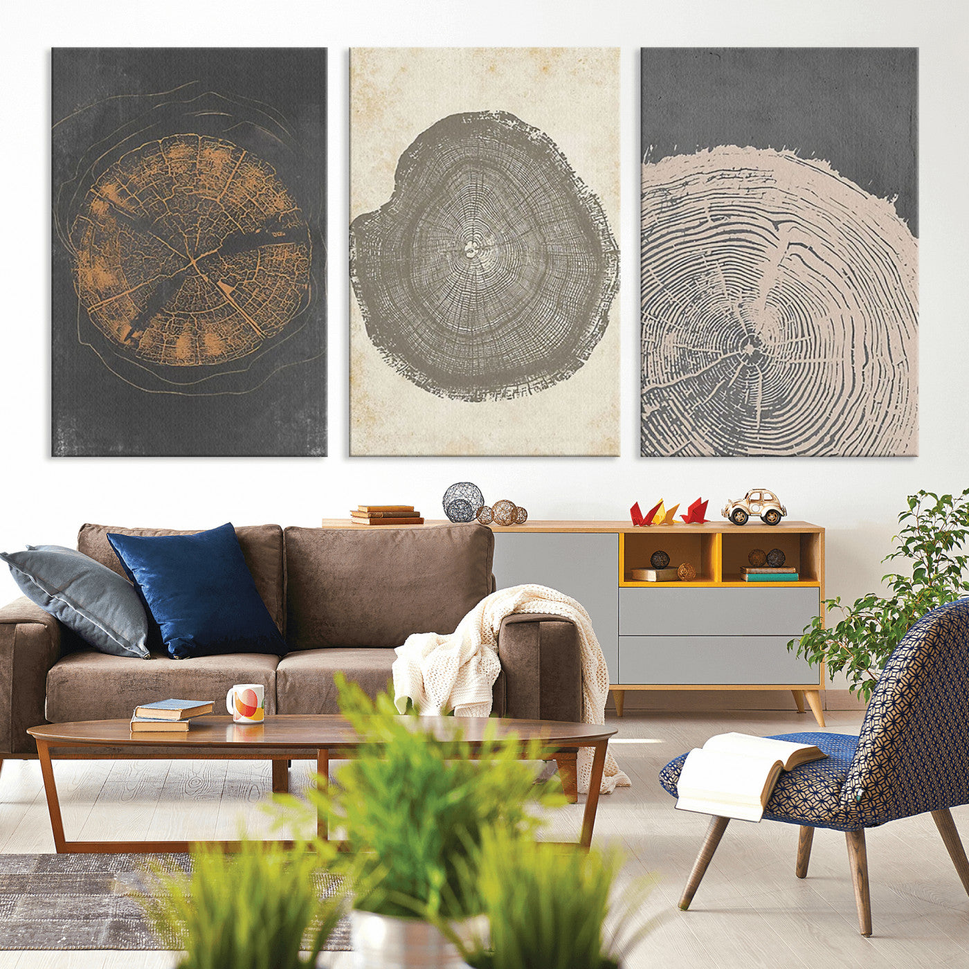 MGV-CV-60X30-3P - Boho Tree Ring Wall Art, Modern Minimalist Wood Grain Canvas, Tree Slice for Rustic Decor, Farmhouse Decor Giclee Canvas Print, Tree Ring Canvas Set