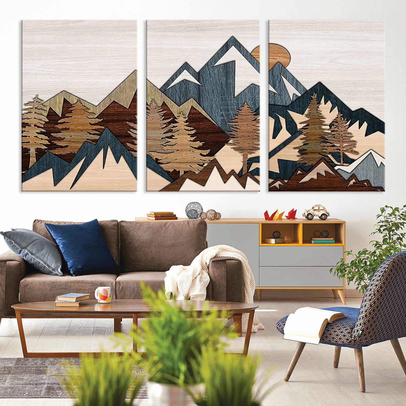 MGV-CV-60X30-3P - Rustic Abstract Wood Panel Effect Canvas Mountain Range Top Wood Wall Art Canvas Print