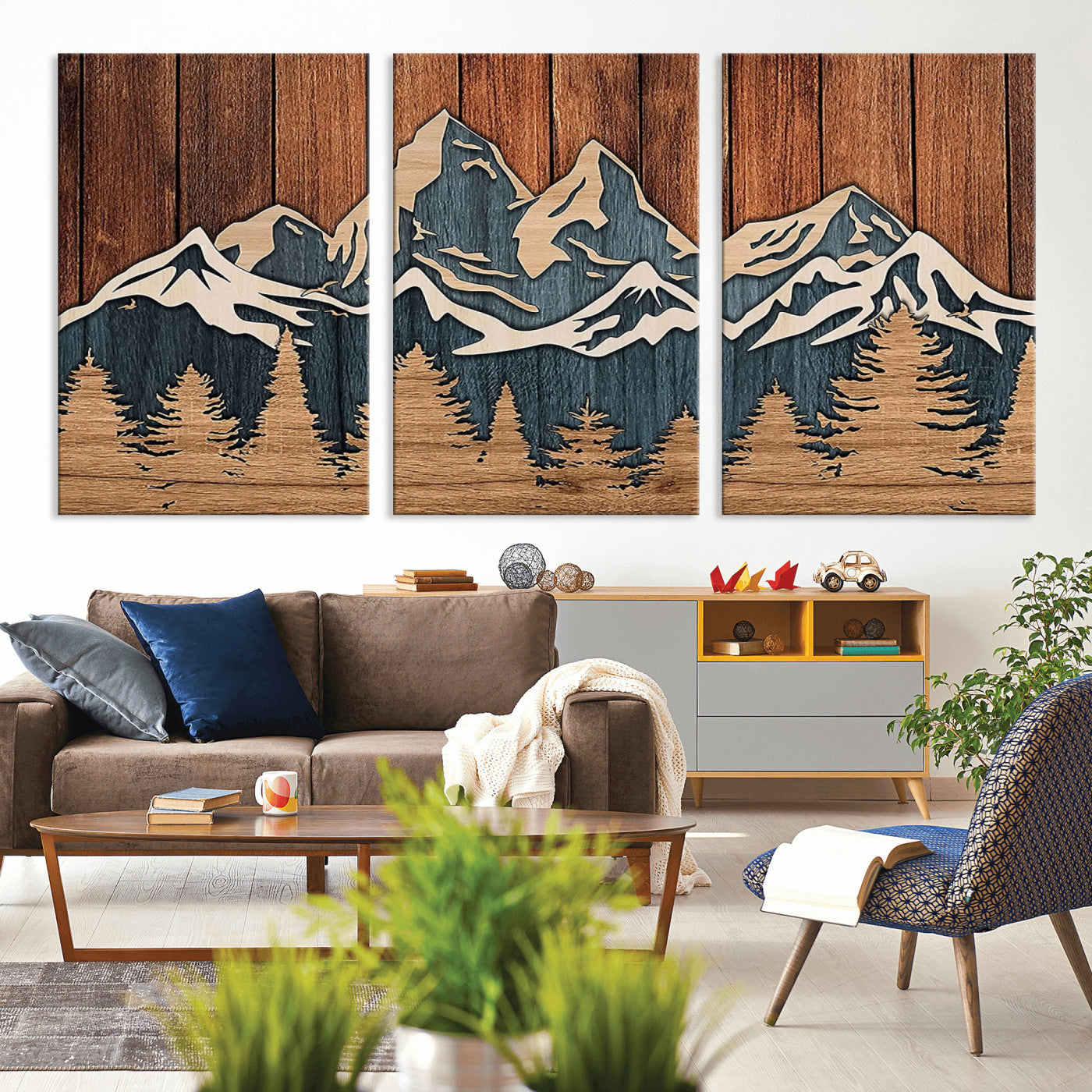 MGV-CV-60X30-3P - Rustic Wood Style Mountain Wall Art, Nature Forest Canvas Print, Wooden Textured Mountain Artwork, Handcrafted Landscape Decor for Farmhouse Decor