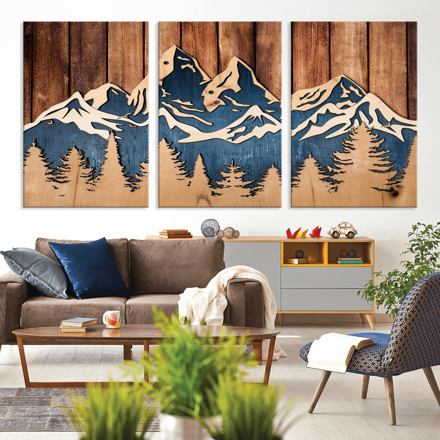 41330-MGV-CV-36X24 - Rustic Wood Style Mountain Wall Art, Nature Forest Canvas Print, Wooden Textured Mountain Artwork Print