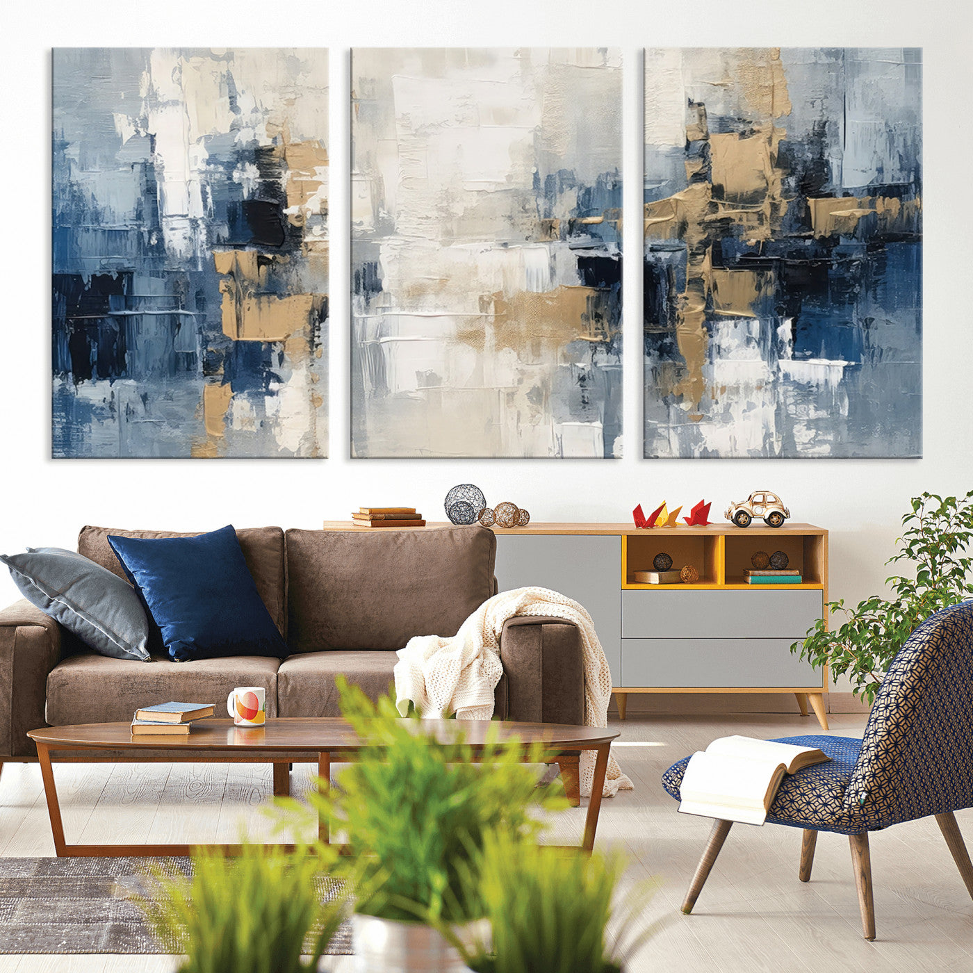 MGV-CV-60X30-3P - Modern Abstract Canvas Wall Art in Blue and Gold Tones | Large Contemporary Art for Living Room, Office, or Bedroom Décor