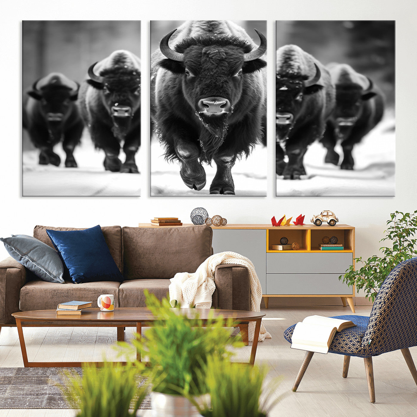 MGV-CV-60X30-3P - American Bison Art | Buffalo Herd Wall Art Canvas Print, BW American Bison Herd Wall Art Canvas Print