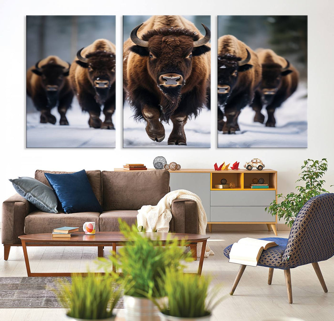 The dining room features an American Bison Herd Canvas Print against the snow.