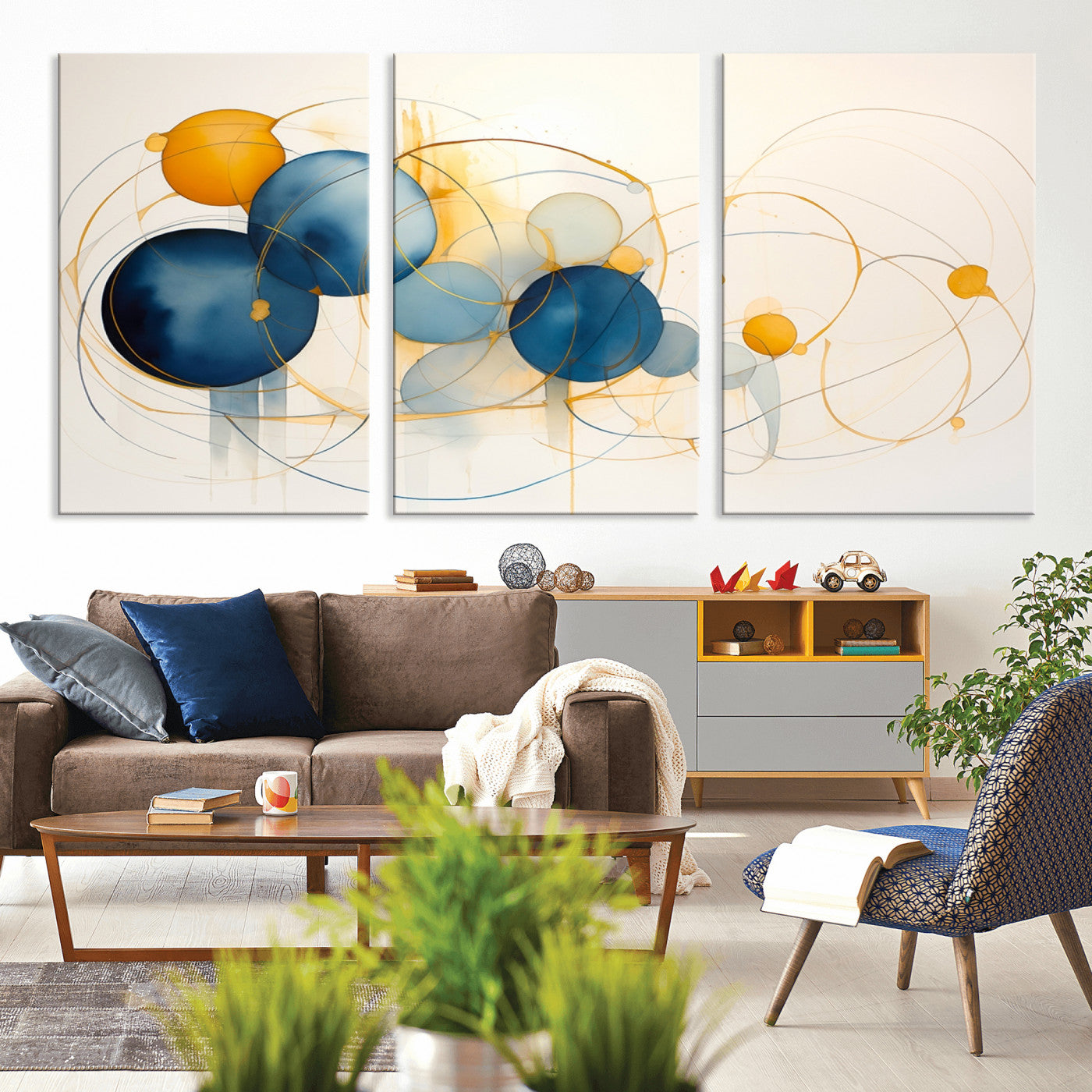 -Geometric Blue Orange Abstract Wall Art Canvas, Geometric Blue Orange Canvas Print