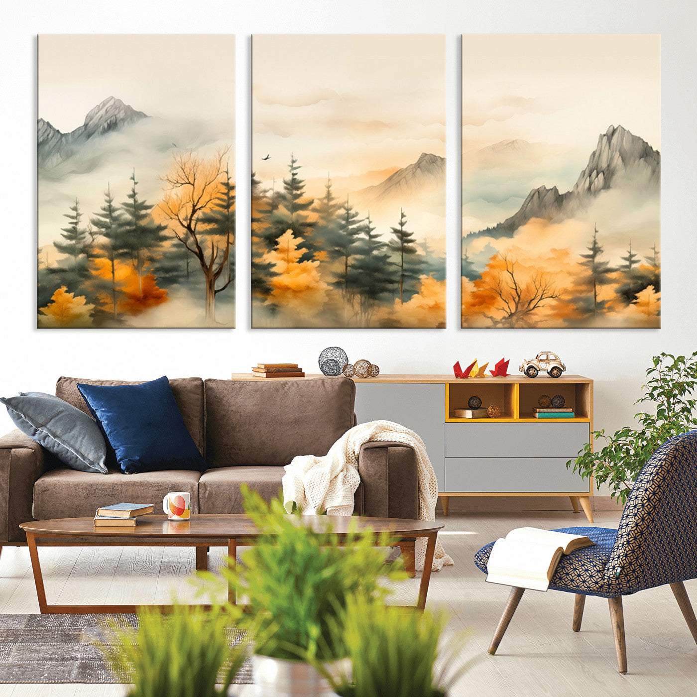 MGV-CV-60X30-3P - Abstract Watercolor Mountains and Trees Autumn Art, Watercolor Mountains and Trees Canvas Print