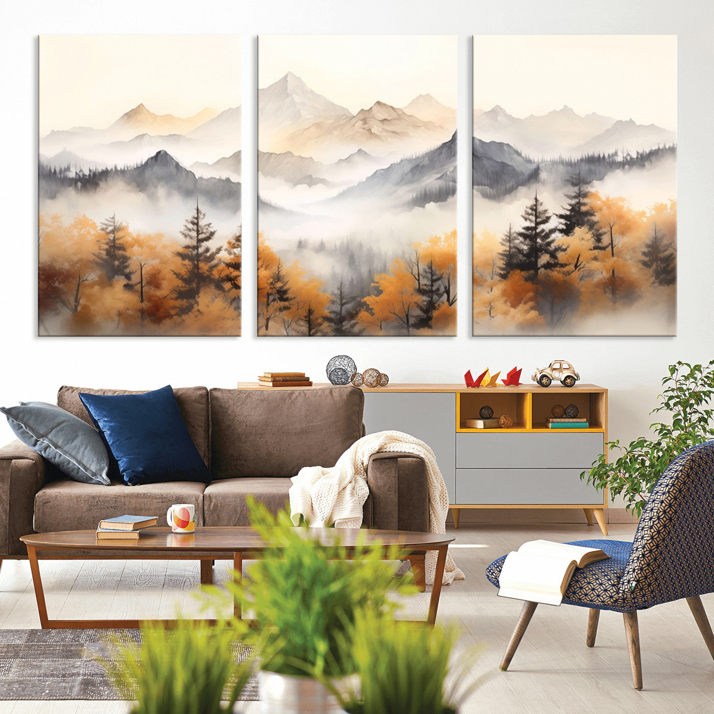 MGV-CV-60X30-3P - Mountain and Forest Landscape Wall Art | Misty Autumn Forest and Mountains Canvas Print for Living Room, Bedroom, Office | Large Wall Art Decor