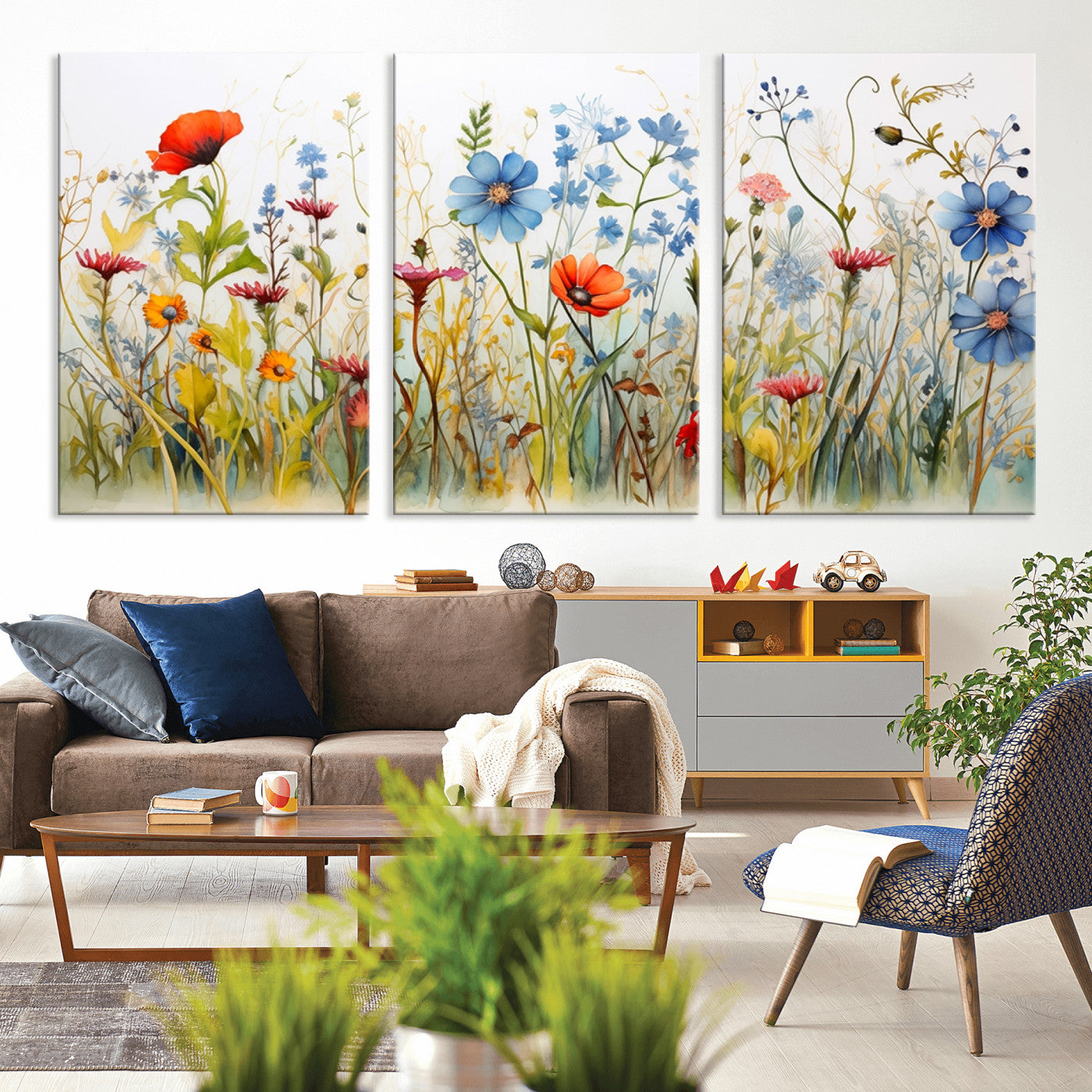 MGV-CV-60X30-3P - Colorful Wildflower Canvas Wall Art - Vibrant Floral Botanical Print, Bright Nature Decor for Living Room, Large 3 Panel Set, Ready to Hang