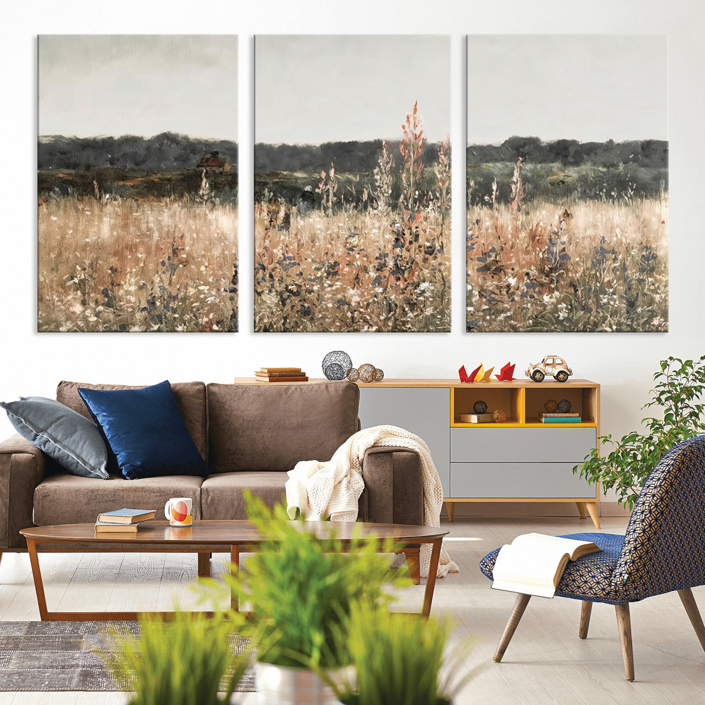 MGV-CV-60X30-3P - Abstract Wildflower Art Field Landscape Oil Painting Print, Country Field Wall Art - Framed Ready to Hang