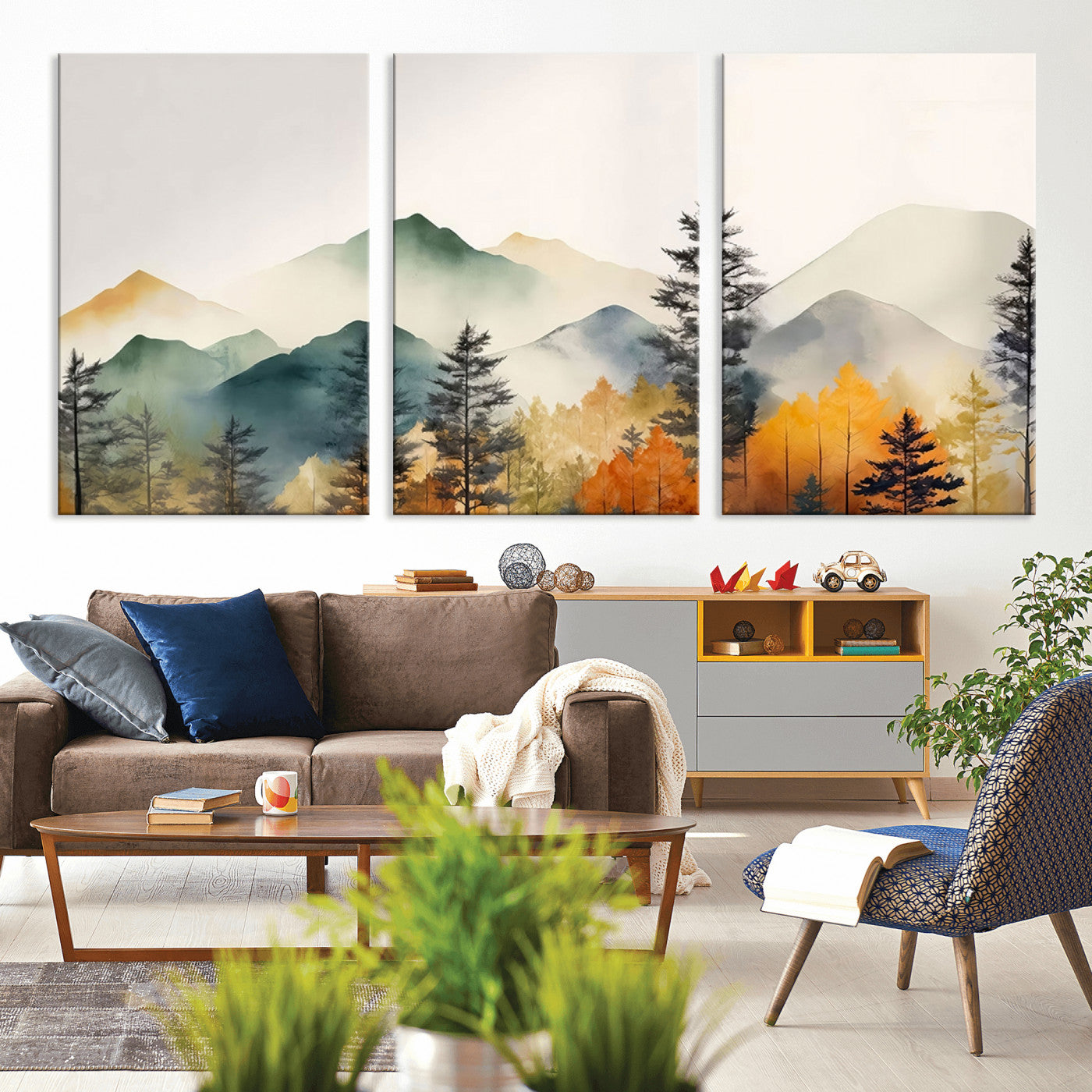 MGV-CV-60X30-3P - Abstract Watercolor Mountains and Trees Autumn Wall Art, Mountains and Trees Autumn Wall Art Canvas