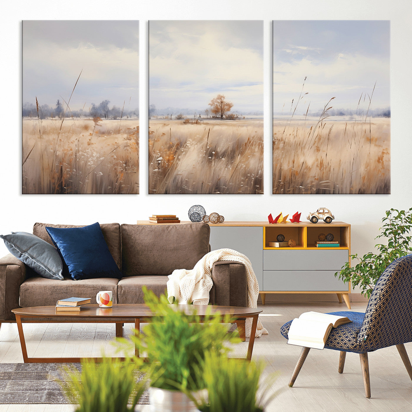 MGV-CV-60X30-3P - Golden Fields Wall Art Print Canvas – Serene Landscape of Nature’s Tranquility in Minimalist for