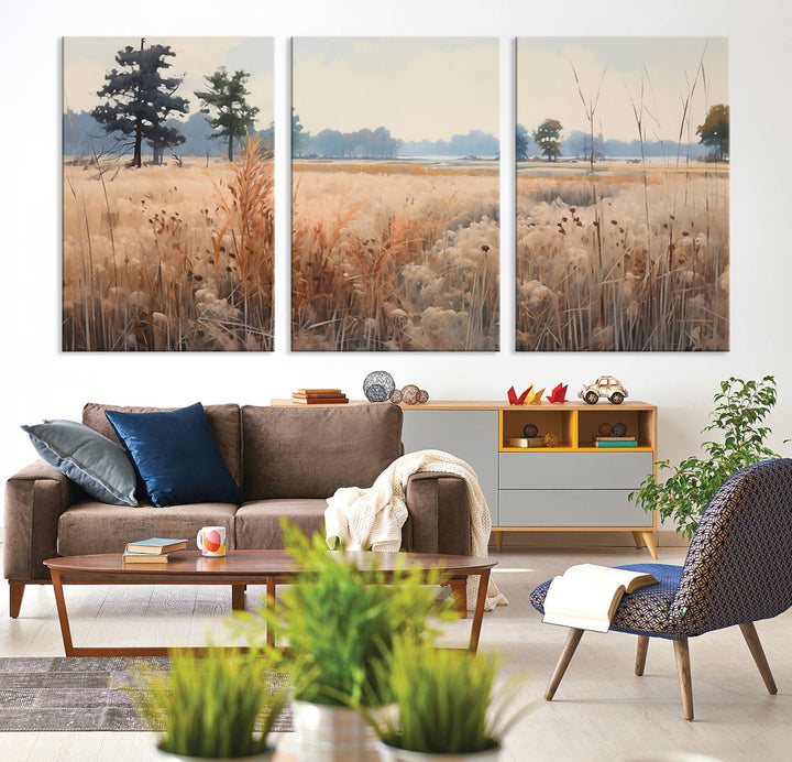 The Golden Fields Canvas Art Print, depicting a serene landscape, adds tranquility with its presence.