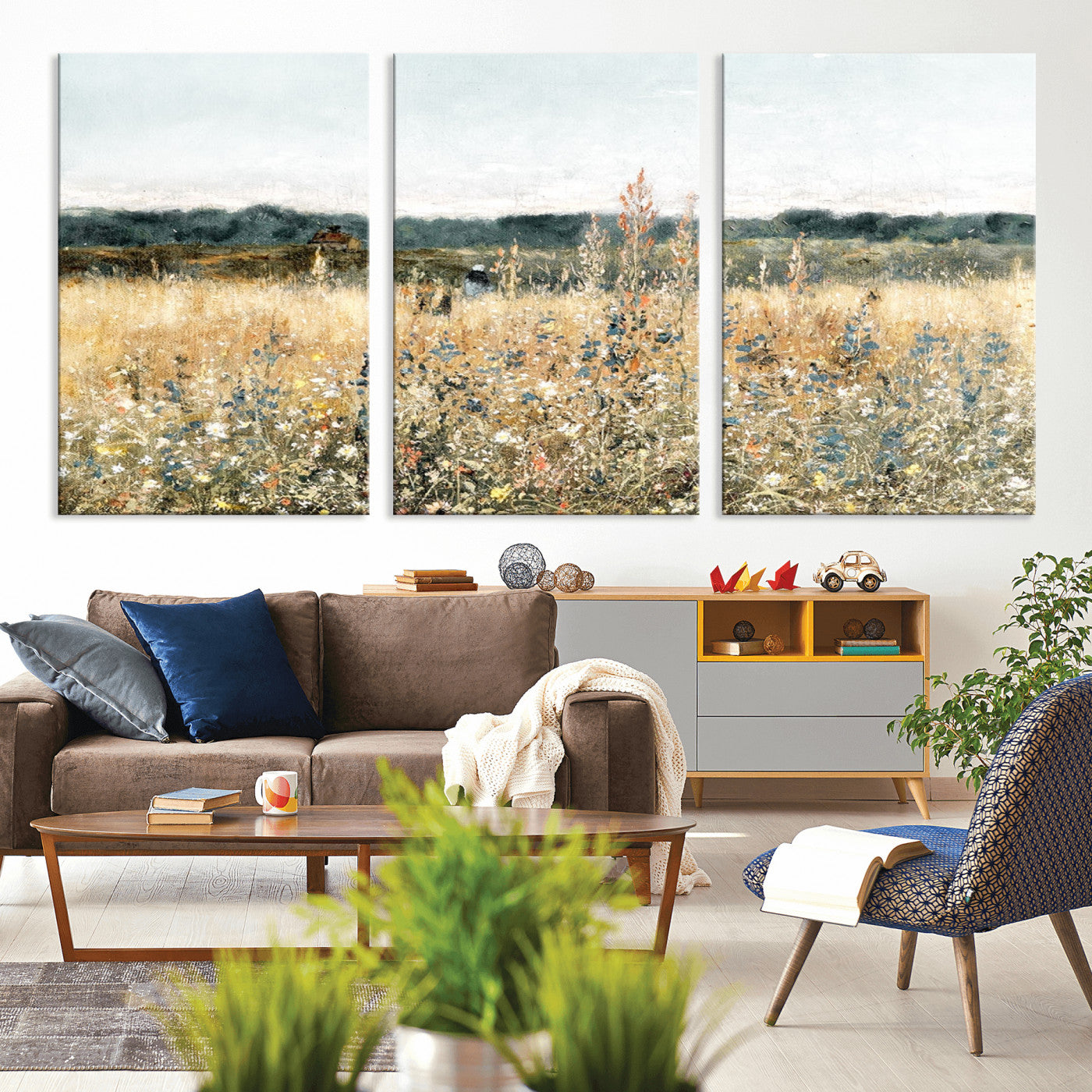 MGV-CV-60X30-3P - Wildflower Field Wall Art Canvas | Nature-Inspired Landscape Canvas Print for Living Room or Office | Rustic Floral Decor