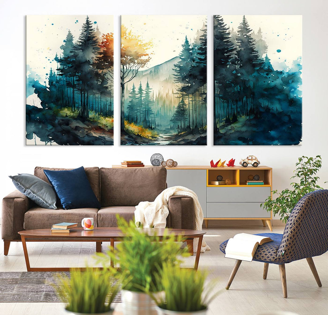 The Watercolor Trees Forest Abstract canvas print is displayed prominently.