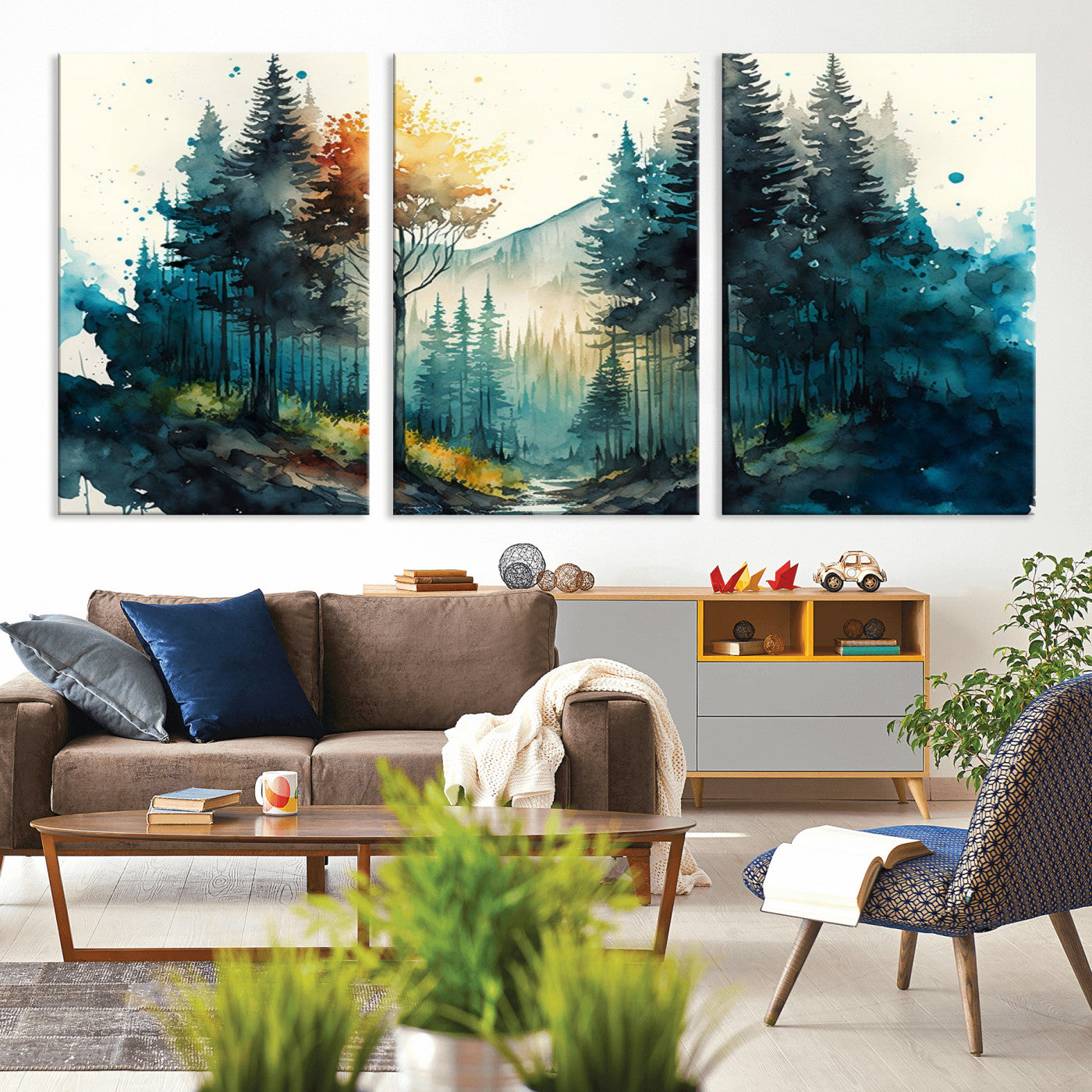 MGV-CV-60X30-3P - Watercolor Trees Forest Abstract Wall Art Canvas Print
