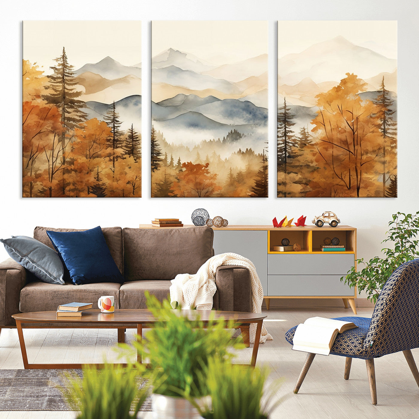 MGV-CV-60X30-3P - Golden Autumn Forest Wall Art | Mountain Landscape Canvas Print for Living Room or Bedroom | Large Wall Decor with Nature-Inspired Design