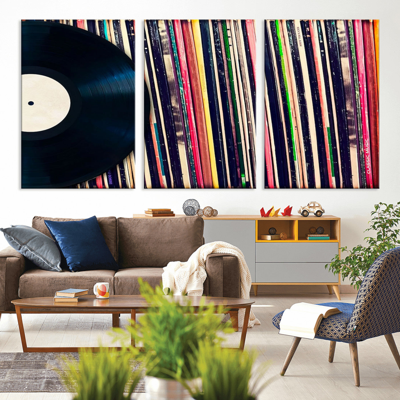 MGV-CV-60X30-3P - Vinyl Record and Album Collection Canvas Wall Art - Retro Music Decor for Living Room, Vintage Vinyl Lover’s Set